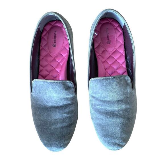 BIRDIES Women's Starling Velvet Flat Loafers in Stone Silver, Size 10 - Picture 1 of 12